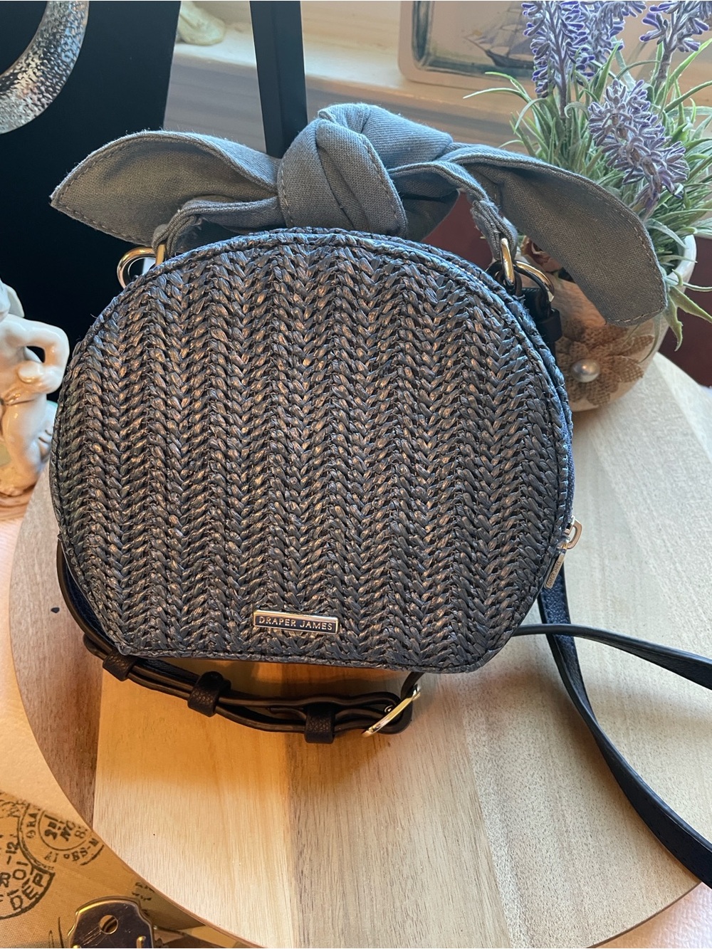 Draper James Navy Blue Woven Round Crossbody Bag
